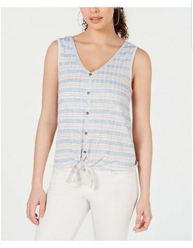 Hippie Rose Juniors' Striped Rib-Knit Tie-Front Tank Top, Blue/Shrimp Stripe
