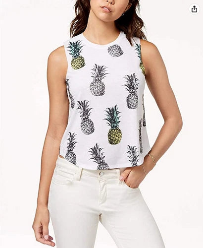 Rebellious One Juniors' Pineapple Graphic Cropped Tank Top White Size Medium