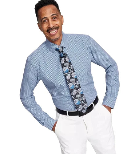 Tayion Collection Men's Slim-Fit Check Dress Shirt,Blue, XL 17/17.5 in, 36/37