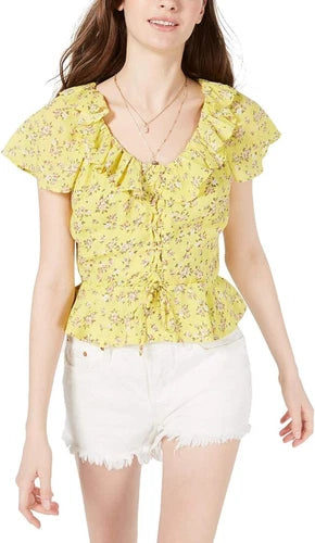 Planet Gold Womens Juniors' Printed Ruffled Peplum Top (Medium, Yellow Cream)