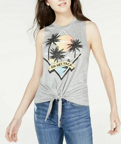 Rebellious One Juniors' Palm Tree Tank Top Grey Size XS
