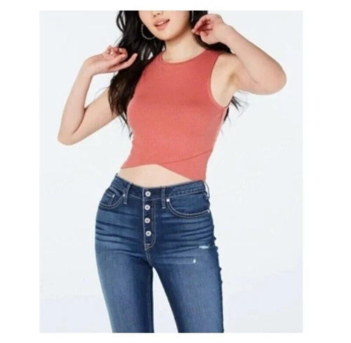 Polly & Esther Juniors' Rib-Knit Cropped Tulip-Hem Tank Top - Rust M