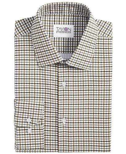 Tayion Collection Men's Shirt, White Grnd W/ BLK & Gold Plaid, M 15-15.5, 34/35