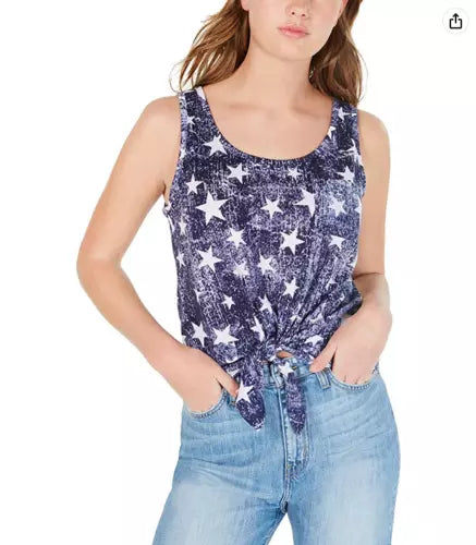 Rebellious One Juniors' Printed Tie-Front Tank Top (Americana Stars, X-Small)