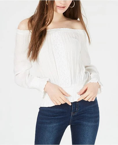 Planet Gold Juniors' Smocked Off-The-Shoulder Top - White , Medium