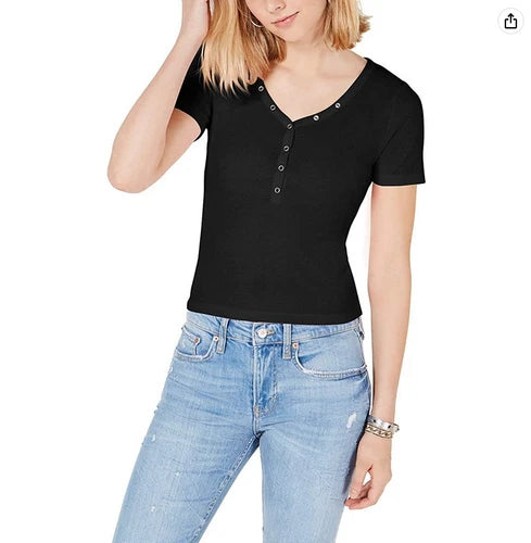 Planet Gold Juniors' V-Neck Henley Top (Black Beauty, S)