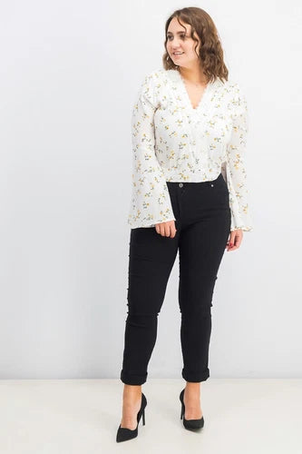 Polly & Esther Juniors' Crochet Surplice Top - White Floral - XLarge