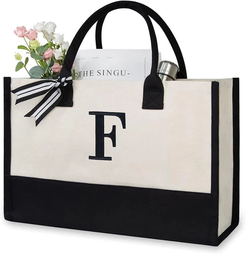 Women Initial Canvas Beach/ Gym Bag,  Tote Bag - Personalized - Letter F