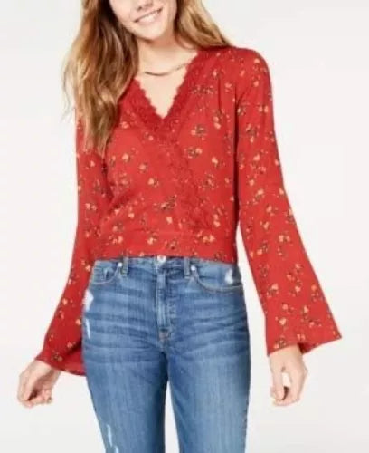 Polly & Esther Juniors' Crochet Surplice Top - Rust Floral - Large
