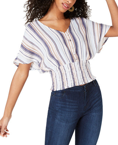 Crave Fame Women's Juniors' Batwing-Sleeve Crop Top (X-Large, Navy Multi)