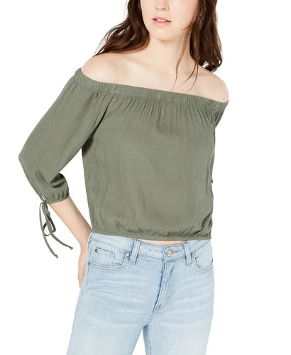 Polly & Esther Women's Juniors' Off-The-Shoulder Tie-Sleeve Crop Top (XS, Olive)