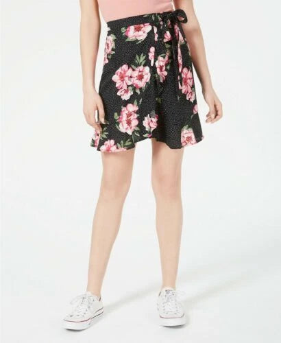 Planet Gold Juniors Printed Wrap Skirt Black Dot Floral M