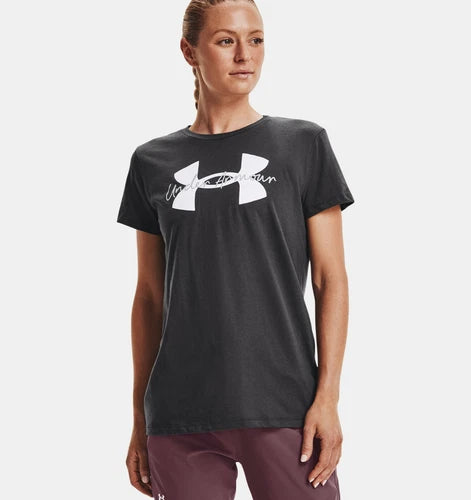 Under Armour Women's Women's UA Logo Script T-Shirt Jet Gray / White, XS