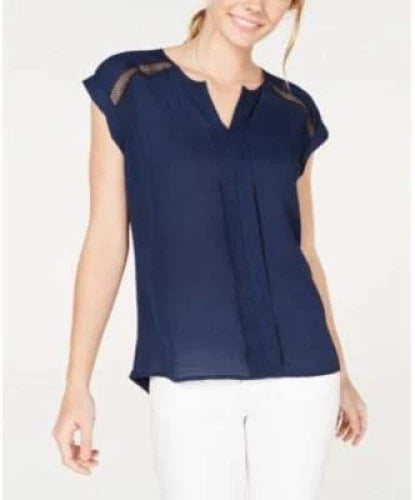 BCX Juniors' Crochet-Trimmed Pleat-Front Blouse Navy Size XS