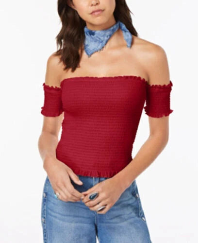 JR9 Crave Fame Red Juniors' Smocked Off-The-Shoulder Crop Top - Size XS